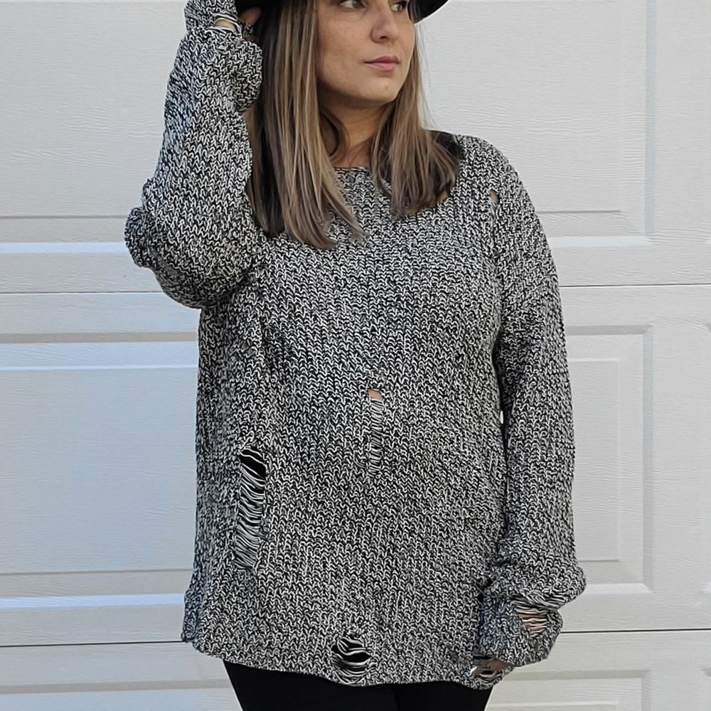 Distressed Black and Cream Sweater